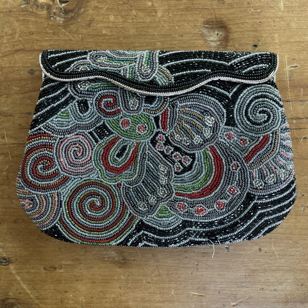 Vintage Hand Beaded‎ Clutch Purse Black Fully Lined Hinged Closure